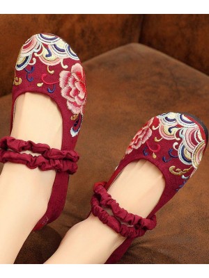 Red Embroideried Cotton Linen Fabric Flat Shoes Lace Up Flat Shoes