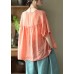 Vintage Orange O-Neck Embroideried Linen Tops Half Sleeve